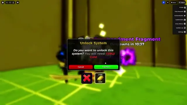 The in-game unlock dialog for the Class Tree asking for 1.08 Qi Gold, with a Commandment Fragment despawn timer visible behind it