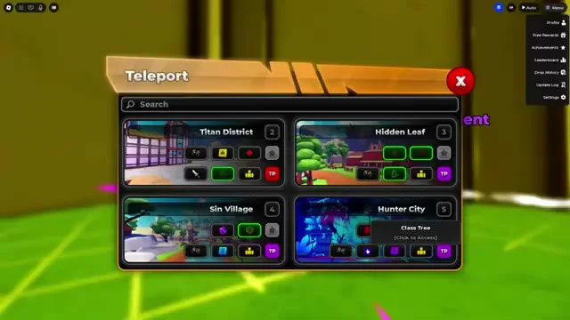 The in-game Teleport menu listing Titan District, Hidden Leaf, Sin Village and Hunter City, with Class Tree access inside Hunter City